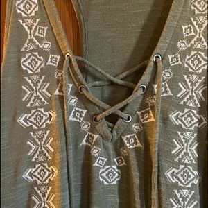 Olive green tank top with criss cross and embroidery